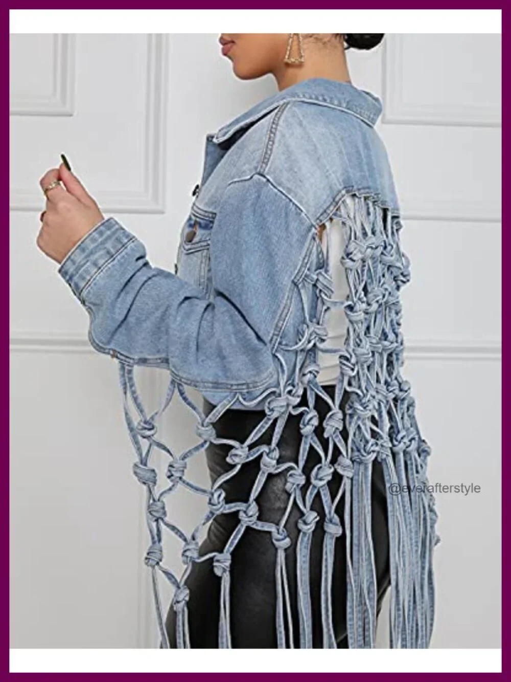Womens Distressed Fringe Denim Jacket Cropped Button Down Ripped Knotted Puff